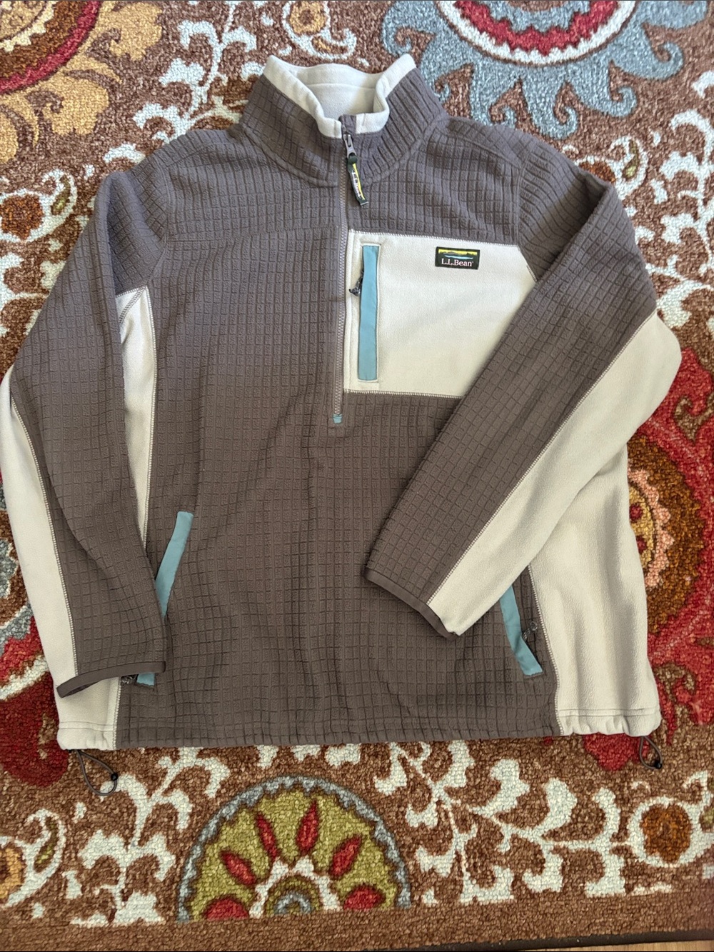 L.L. Bean Taupe and Cream Half-Zip Fleece with Light Blue Accents